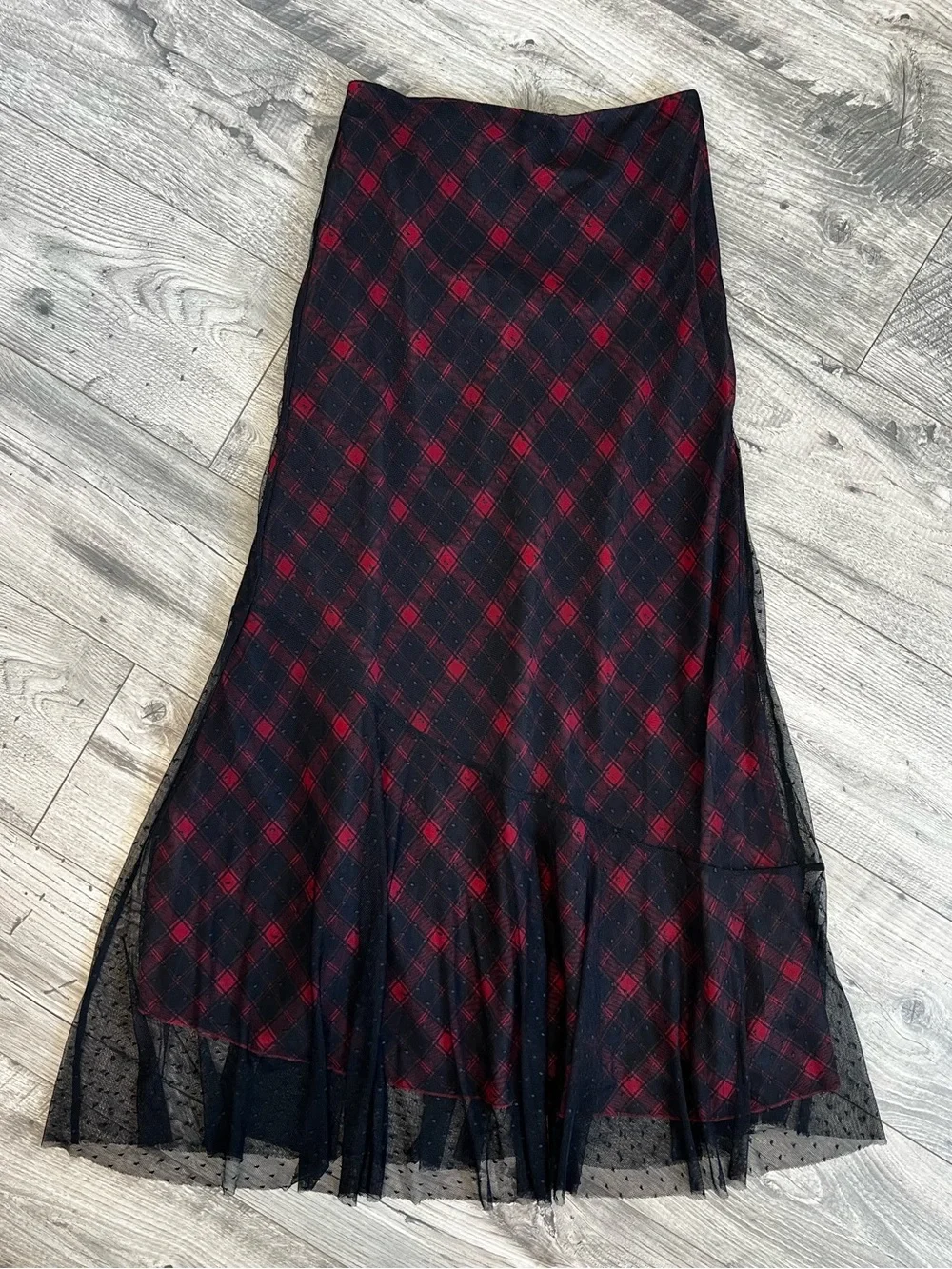 Trish Scully Black Red Plaid Mesh Polka Dot Overlay Trumpet Maxi Skirt- Size 2
